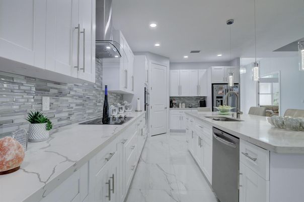 Interior, Kitchen, Marble, Pendant Lights, Recessed Lighting, Stainless Steel Appliances