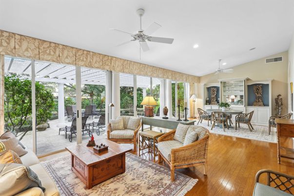 Dining room, Interior, Living room, Recessed Lighting, Sun Room, Wood Texture Flooring
