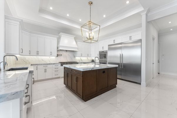 Interior, Kitchen, Marble, Pendant Lights, Recessed Lighting, Stainless Steel Appliances