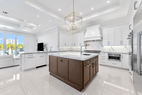 Interior, Kitchen, Marble, Pendant Lights, Recessed Lighting, Stainless Steel Appliances