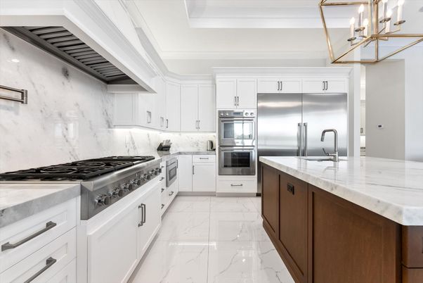Interior, Kitchen, Marble, Pendant Lights, Stainless Steel Appliances