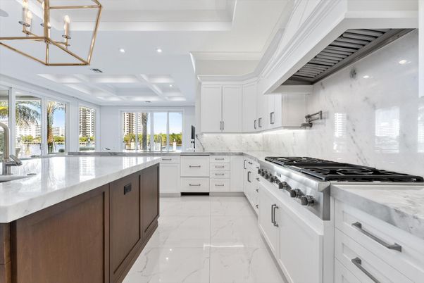 Interior, Kitchen, Marble, Marble Walls, Recessed Lighting, Stainless Steel Appliances