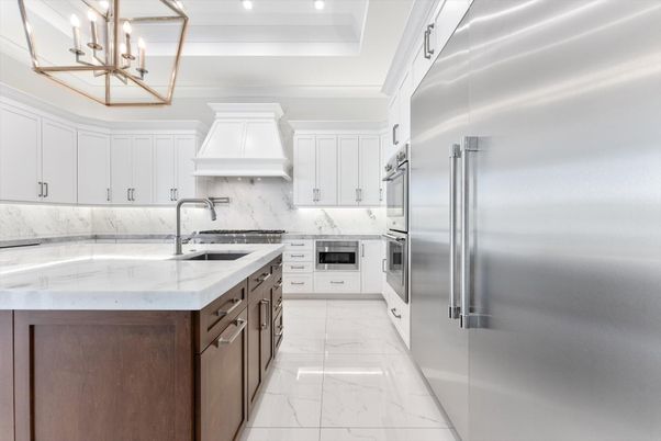 Interior, Kitchen, Marble, Recessed Lighting, Stainless Steel Appliances