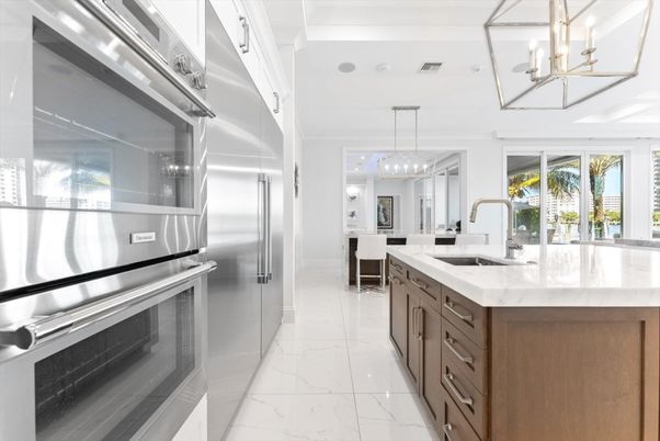 Interior, Kitchen, Marble, Pendant Lights, Recessed Lighting, Stainless Steel Appliances