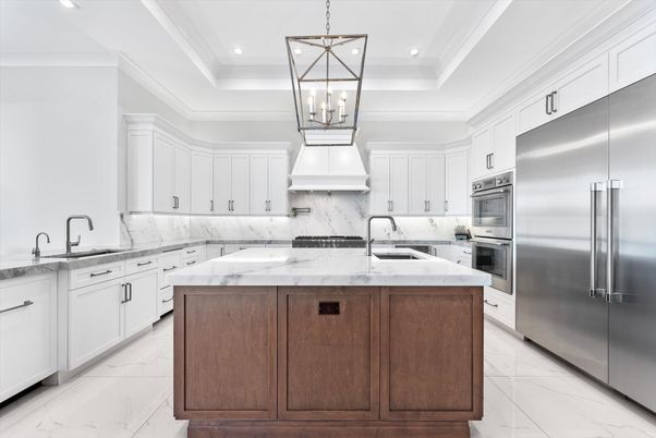 Interior, Kitchen, Marble, Pendant Lights, Recessed Lighting, Stainless Steel Appliances