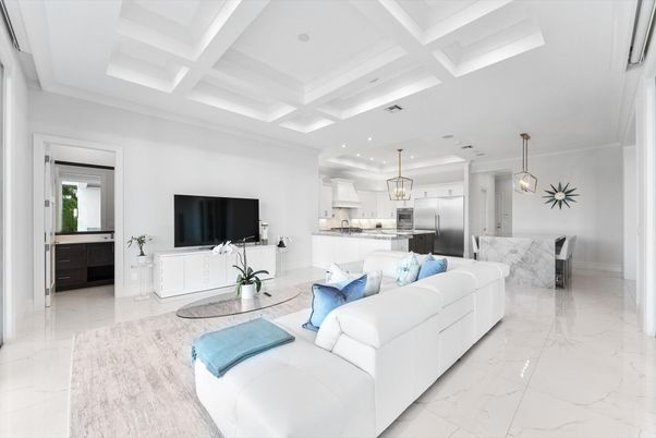 Interior, Kitchen, Living room, Marble, Pendant Lights, Recessed Lighting, Stainless Steel Appliances