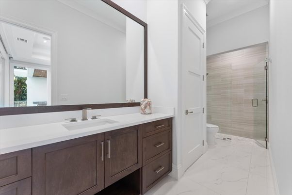 Bathroom, Dual Sink Vanities, Glass Shower, Interior, Marble, Recessed Lighting