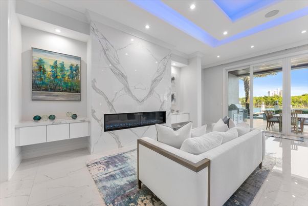 Fireplace, Interior, Living room, Marble, Marble Walls, Recessed Lighting