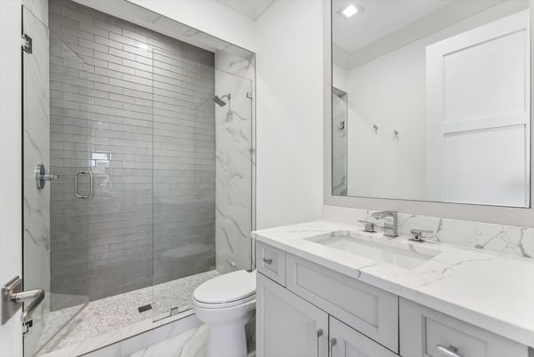 Bathroom, Glass Shower, Interior, Marble, Marble Walls, Recessed Lighting