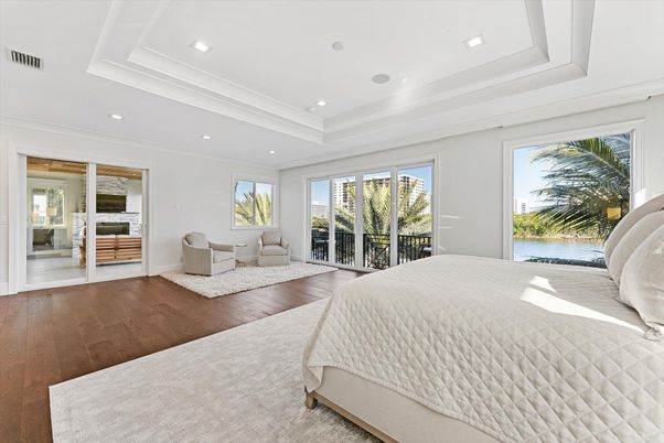 Bedroom, Interior, Recessed Lighting, Water, Wood Texture Flooring
