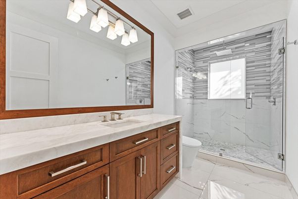 Bathroom, Dual Sink Vanities, Glass Shower, Interior, Marble, Marble Walls