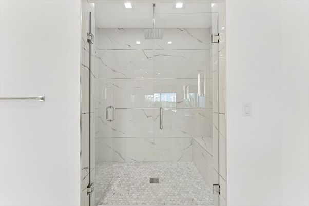 Bathroom, Glass Shower, Interior, Marble Walls, Recessed Lighting
