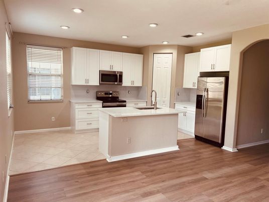 Interior, Kitchen, Recessed Lighting, Stainless Steel Appliances, Wood Texture Flooring