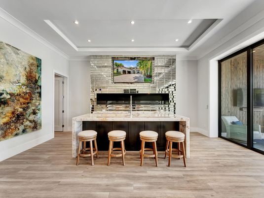 Interior, Recessed Lighting, Stone Walls, Wood Texture Flooring