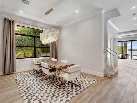Chandelier, Dining room, Interior, Recessed Lighting, Wood Texture Flooring