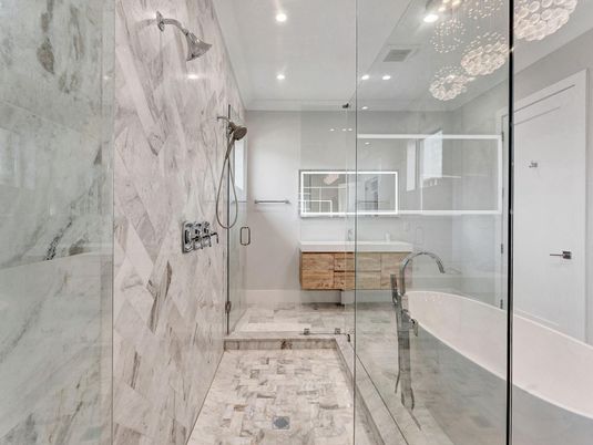 Bathroom, Glass Shower, Interior, Marble Walls, Recessed Lighting
