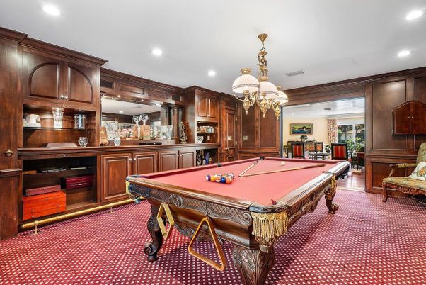 Billiard Table, Chandelier, Game Room, Interior, Recessed Lighting