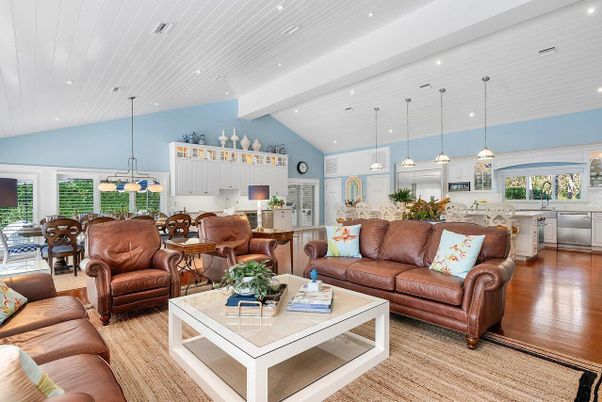 Dining room, Interior, Living room, Pendant Lights, Recessed Lighting, Wood Texture Flooring