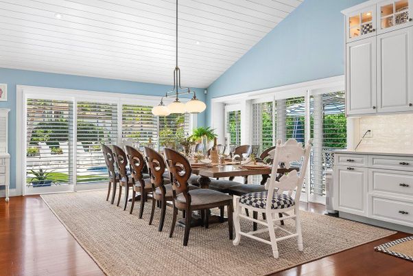 Dining room, Interior, Pendant Lights, Recessed Lighting, Wood Texture Flooring