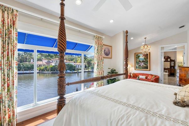Bedroom, Chandelier, Interior, Recessed Lighting, Water, Wood Texture Flooring