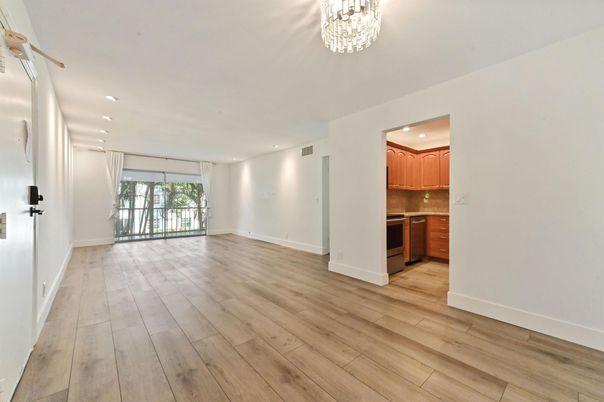Empty room, Interior, Kitchen, Recessed Lighting, Wood Texture Flooring