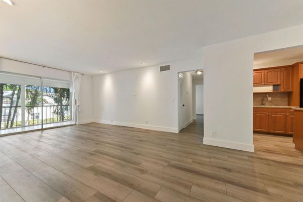 Empty room, Interior, Kitchen, Recessed Lighting, Wood Texture Flooring