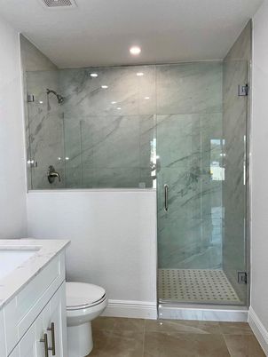Bathroom, Glass Shower, Interior, Marble Walls, Recessed Lighting