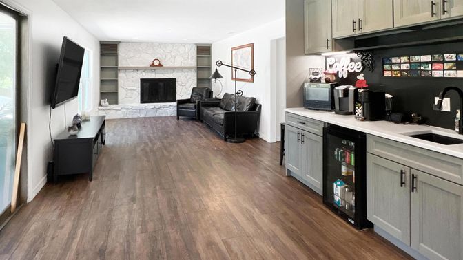Fireplace, Interior, Kitchen, Living room, Stone Walls, Wood Texture Flooring