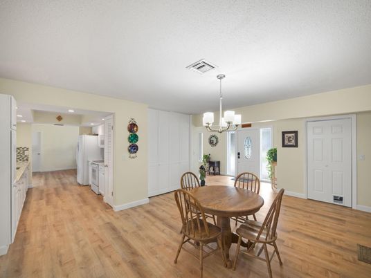 Chandelier, Dining room, Interior, Kitchen, Recessed Lighting, Wood Texture Flooring