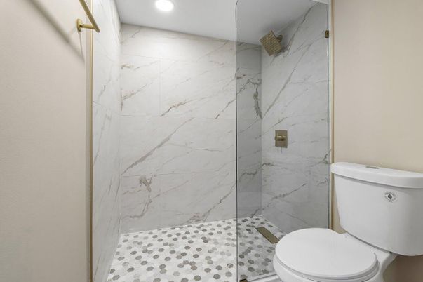 Bathroom, Glass Shower, Interior, Marble Walls, Recessed Lighting