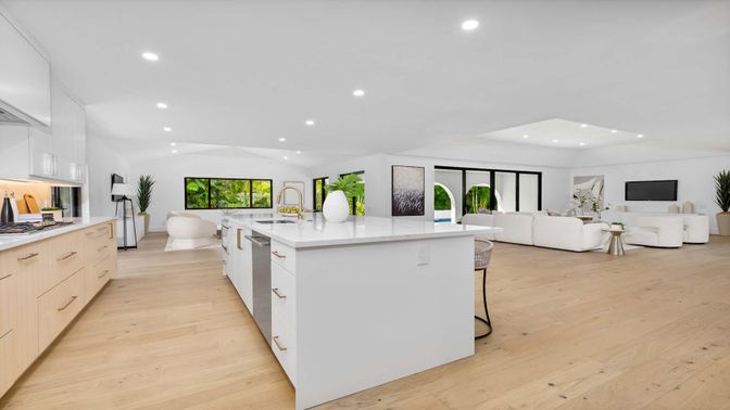 Interior, Kitchen, Living room, Recessed Lighting, Stainless Steel Appliances, Wood Texture Flooring