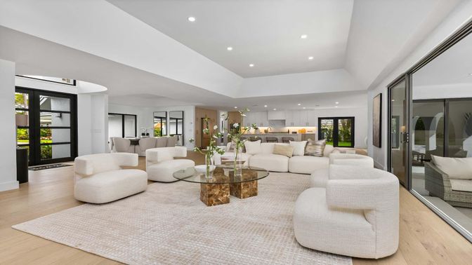 Interior, Kitchen, Living room, Pendant Lights, Recessed Lighting, Wood Texture Flooring