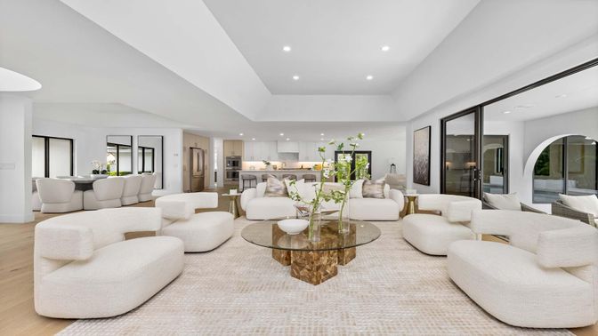Dining room, Interior, Kitchen, Living room, Recessed Lighting, Stainless Steel Appliances, Wood Texture Flooring