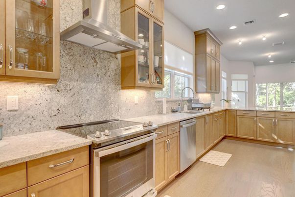 Interior, Kitchen, Recessed Lighting, Stainless Steel Appliances, Wood Texture Flooring