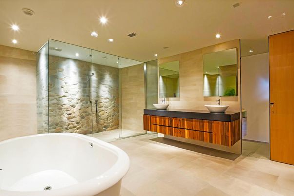 Bathroom, Dual Sink Vanities, Free Standing Baths, Glass Shower, Interior, Recessed Lighting