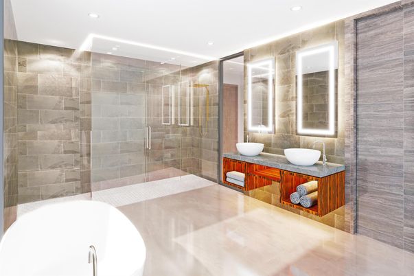 Bathroom, Dual Sink Vanities, Glass Shower, Interior, Recessed Lighting