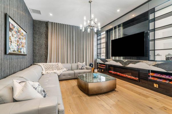 Fireplace, Interior, Living room, Pendant Lights, Recessed Lighting, Wood Texture Flooring