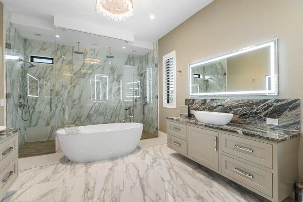 Bathroom, Dual Sink Vanities, Free Standing Baths, Glass Shower, Interior, Marble, Marble Walls, Recessed Lighting