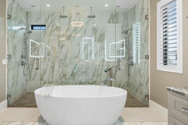 Bathroom, Free Standing Baths, Glass Shower, Interior, Marble, Marble Walls, Recessed Lighting