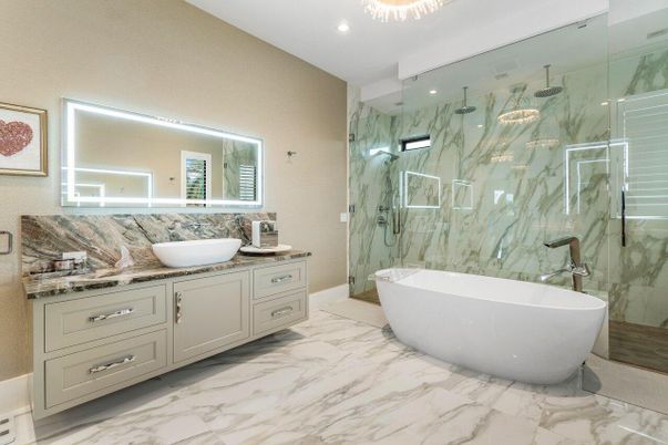 Bathroom, Dual Sink Vanities, Free Standing Baths, Glass Shower, Interior, Marble, Marble Walls, Recessed Lighting