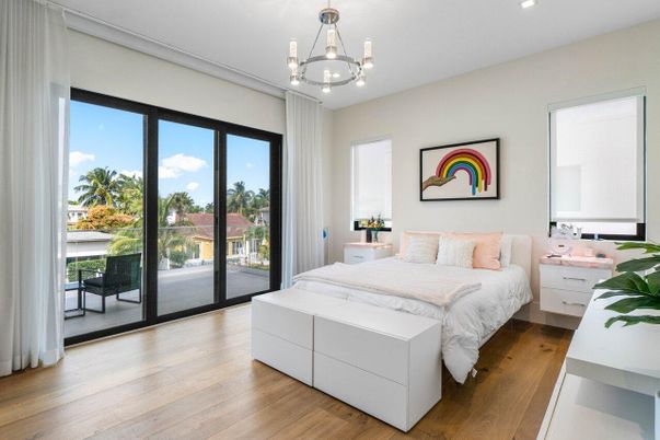 Bedroom, Chandelier, Interior, Recessed Lighting, Wood Texture Flooring