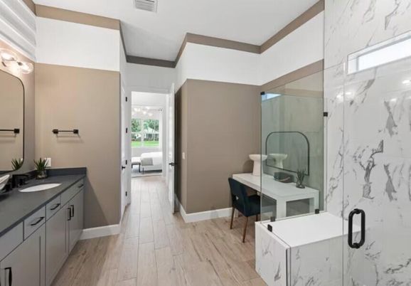 Bathroom, Glass Shower, Interior, Marble Walls, Wood Texture Flooring