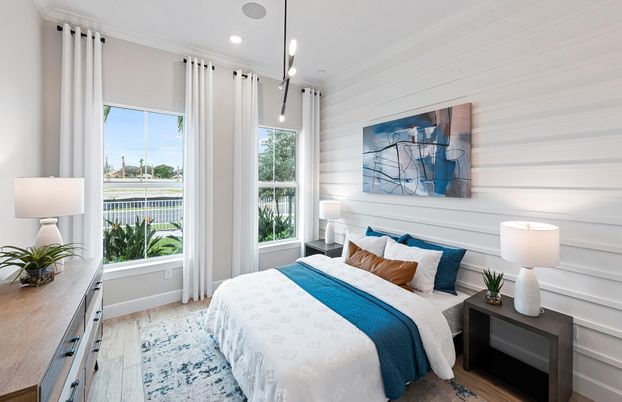 Bedroom, Interior, Pendant Lights, Recessed Lighting, Wood Texture Flooring
