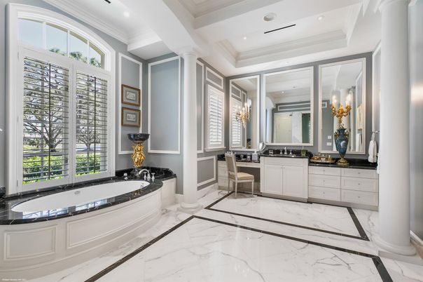 Bathroom, Dual Sink Vanities, Interior, Marble, Recessed Lighting