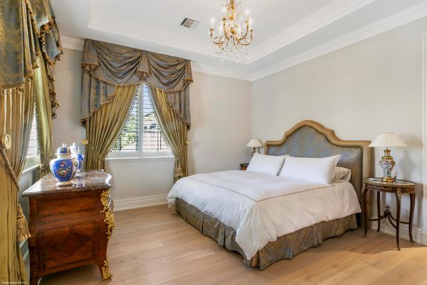 Bedroom, Chandelier, Interior, Wood Texture Flooring