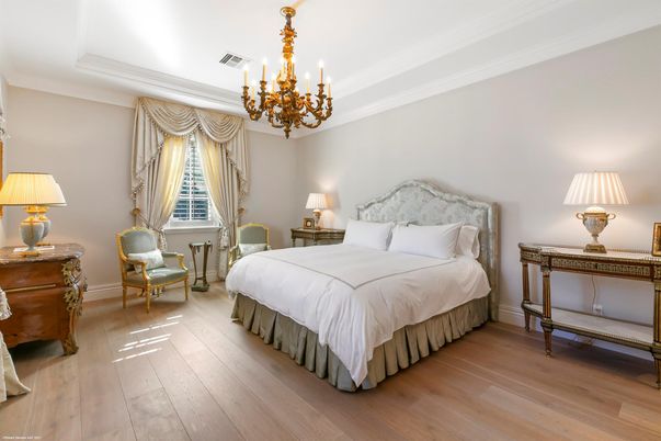 Bedroom, Chandelier, Interior, Wood Texture Flooring