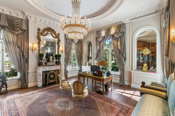 Chandelier, Fireplace, Home Office, Interior, Recessed Lighting, Wood Texture Flooring