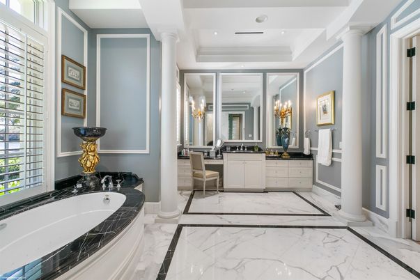 Bathroom, Dual Sink Vanities, Interior, Marble, Recessed Lighting
