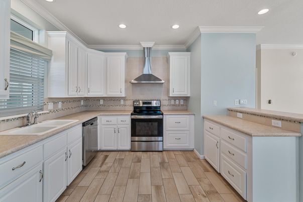 Interior, Kitchen, Recessed Lighting, Stainless Steel Appliances, Wood Texture Flooring