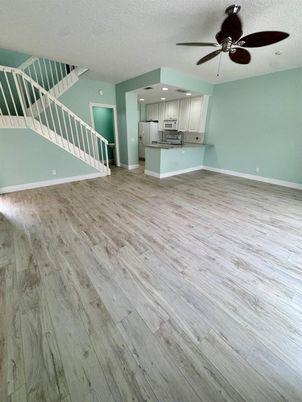 Empty room, Interior, Kitchen, Recessed Lighting, Wood Texture Flooring